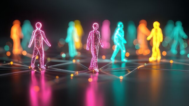 Futuristic digital human silhouettes in a global network, glowing neon people connected by data lines, colorful virtual community concept