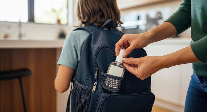 Parent places hand sanitizer into childs backpack before school, illustrating preventive child health, hygiene routine, infection prevention and practical family care.