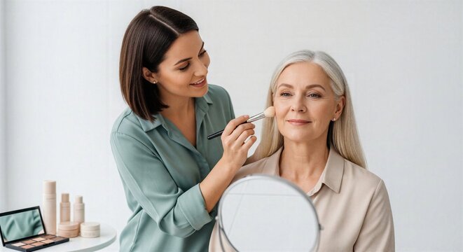 Professional bridal makeup trial scene featuring artist testing colors and planning natural wedding look with client before special event.