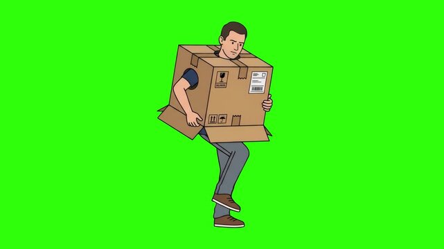 A cartoon man carrying a large cardboard parcel box over his torso isolated on a solid green chroma key background. Perfect for delivery services, moving company commercials, shipping apps, and keyabl