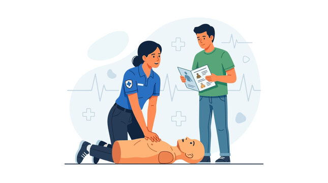 CPR Training: Rescuer Practices Chest Compressions on Manikin, Instructor Guides