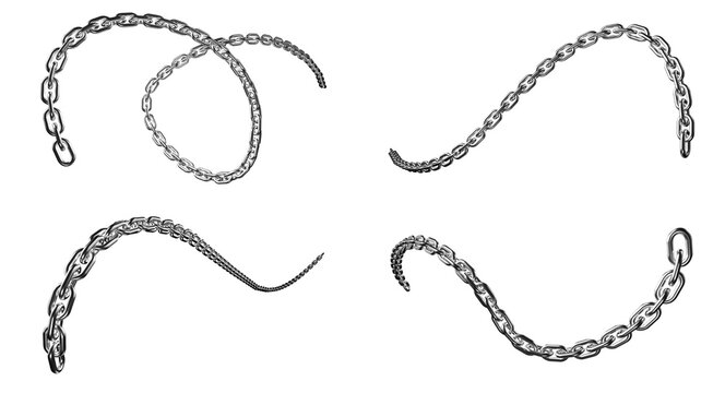 Set of four different metal chain links in curved shapes and various lengths for industrial design elements and jewelry decoration isolated graphics