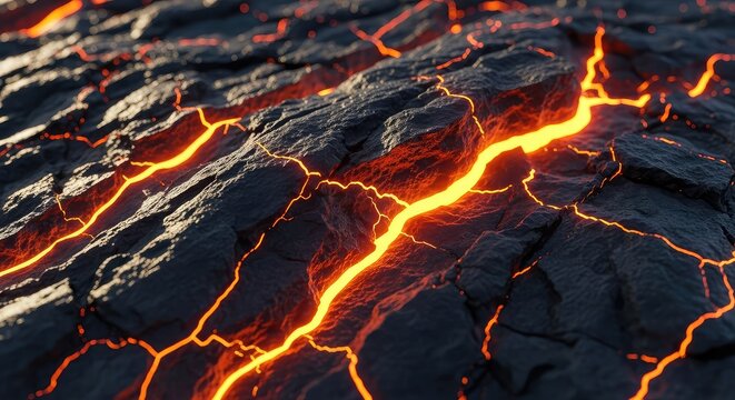 A dark, textured surface of jagged rocks reveals radiant orange fissures glowing like molten lava beneath the crust. Abstract background, basalt, rock, hot