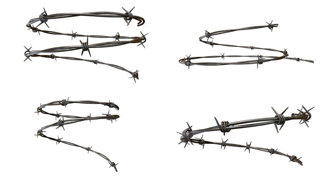 Set of rusty metal barbed wire coils and sharp security wire pieces for prison boundary or military border protection fence design elements