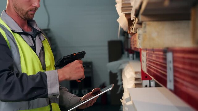 Warehouse worker uses a handheld barcode scanner and digital tablet to check stored materials during inventory management and stock control.