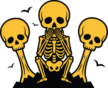 Funny skeleton triad hiding mouth eyes ears with skulls on bones for halloween decor.