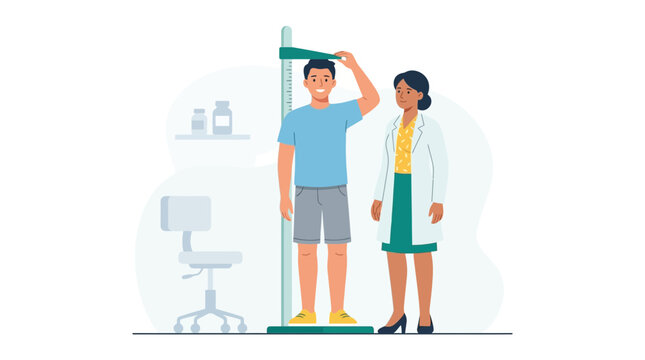 Doctor measures male patient's height using stadiometer in medical office, flat vector illustration