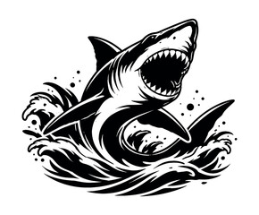 Fototapeta premium Aggressive shark breaching water with open mouth and sharp teeth illustration