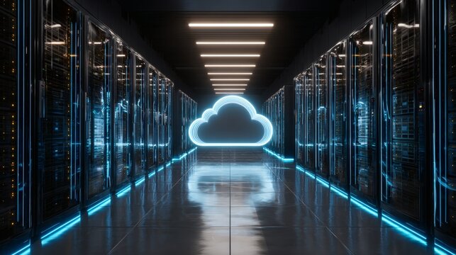 Glowing cloud computing symbol in dark data center server aisle