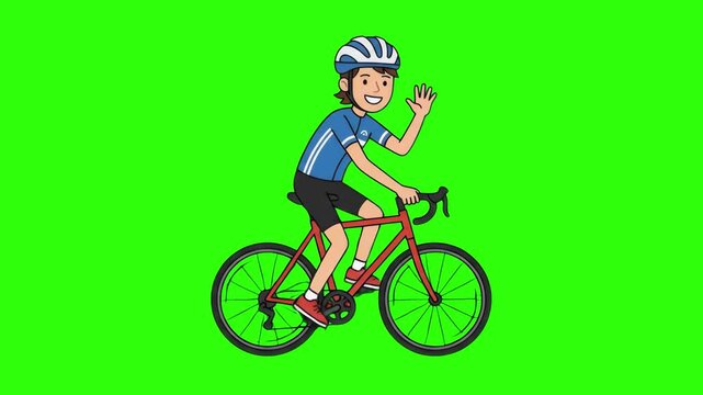 A cheerful cartoon cyclist wearing a helmet riding a red road bike and waving hello isolated on a solid green chroma key background. Great for cycling promotional videos, eco-friendly transport campai