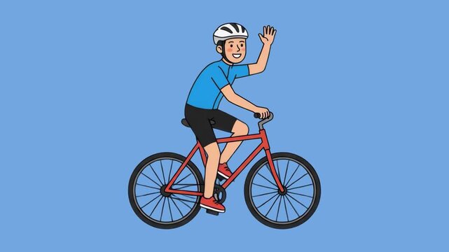 A 2D cartoon cyclist wearing a cycling helmet riding a red road bike and waving friendly with his hand, set against a smooth blue studio backdrop. Great for cycling promos, fitness campaign clips, eco
