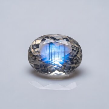 Polished moonstone gemstone displays a mystical blue glow and milky translucency, reflecting soft light with a magical and iridescent sheen, smooth, aura, shine