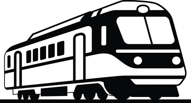 Modern passenger train silhouette black and white vector illustration on transparent background.