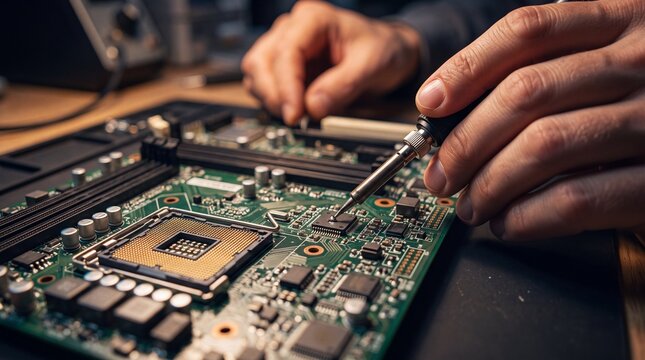 Technician repairing computer motherboard using precision soldering iron tool on electronic circuit components.