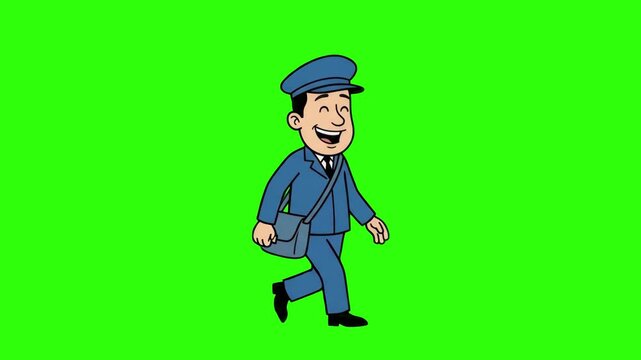 A happy cartoon postman in uniform carrying a shoulder mailbag and walking cheerfully isolated on a solid green chroma key background. Ideal for postal service advertising, mail delivery promos, logis