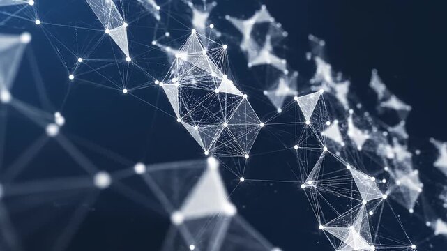 Abstract network of glowing nodes and lines in deep blue space during a slow digital orbit with a subtle bokeh effect