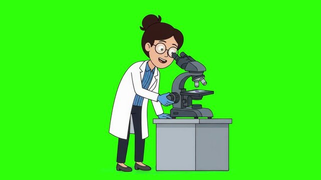 A cartoon female scientist wearing a white lab coat and glasses examining a sample through a microscope isolated on a solid green chroma key background. Perfect for science education, medical research