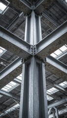 Naklejka premium Heavy industrial steel frame construction with bolted girders and metal columns supporting modern warehouse ceiling.