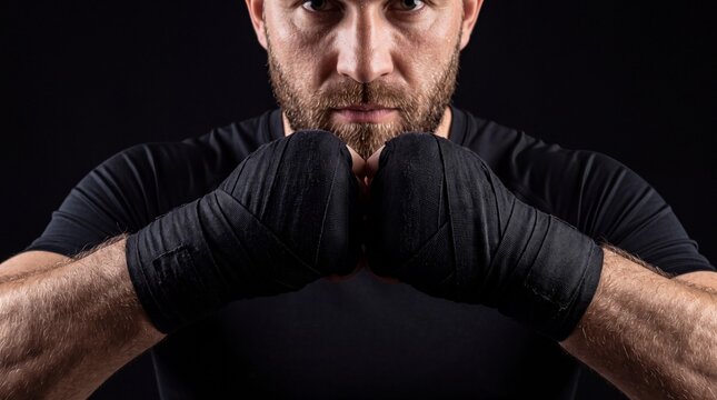 Focused male boxer holding up fists wrapped in black hand wraps ready for fight on black background.