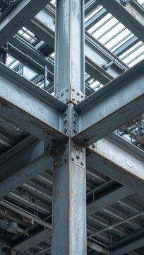 Heavy industrial steel frame construction with bolted girders and metal columns supporting modern warehouse ceiling.