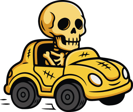 Scary skeleton character driving yellow small car for halloween road trip graphics.