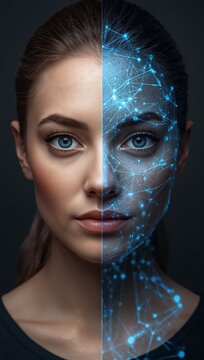 Futuristic portrait of a woman with face split between natural human appearance and a glowing blue artificial intelligence digital neural network.