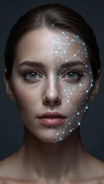 Futuristic portrait of a woman with face split between natural human appearance and a glowing blue artificial intelligence digital neural network.