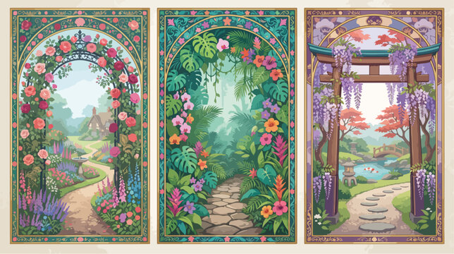 Decorative vector art set featuring three ornate garden gateways with blooming roses lush tropical foliage and elegant purple wisteria flowers