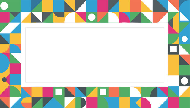 Colorful geometric border with abstract pattern of triangles and circles surrounding a blank white rectangle copy space.