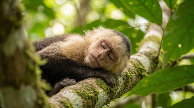 Capuchin monkey sleeping peacefully on a mossy tree branch