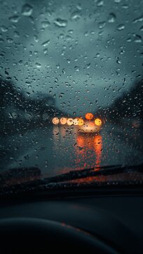 Raindrops on a car windshield during a rainy twilight drive with blurred headlights of oncoming vehicles on a wet road.