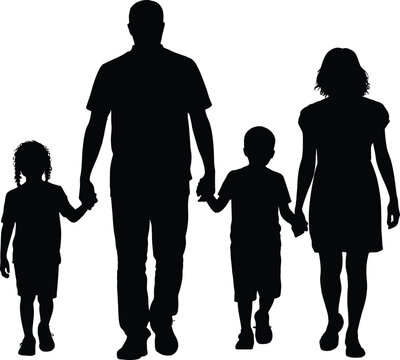 Silhouette of family holding hands and walking together.