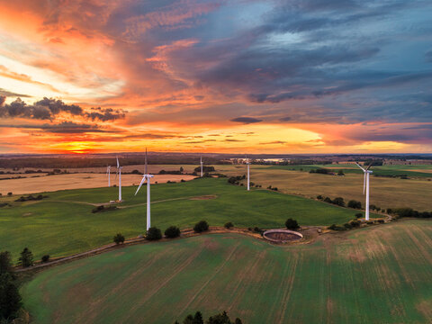 Wind turbines at sunset in Sweden, Scandinavia