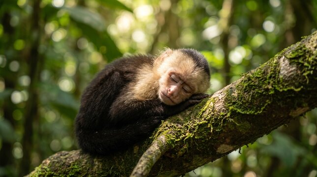 Capuchin monkey sleeping peacefully on a mossy tree branch