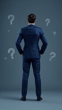 Rear view of thoughtful businessman in blue suit standing with hands on hips under question marks against blue background.