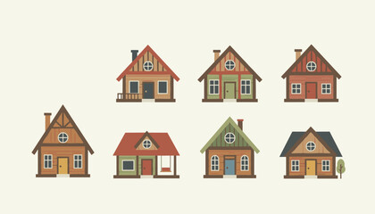 Naklejka premium Variety of cute cozy wooden cabins and cottages in different architectural styles and autumn colors on light background.