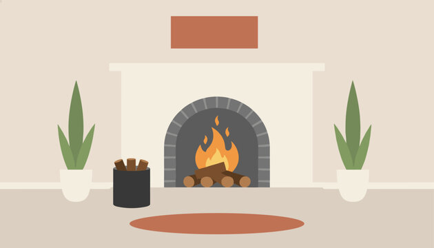 Cozy living room scene featuring a stone fireplace with burning fire logs, potted plants, and a warm round carpet.