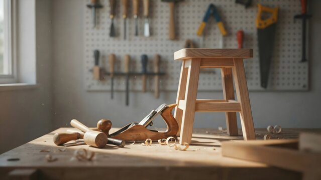 Handmade wooden stool on a workbench with hand tools and shavings &ndash; Great for woodworking brands, craft tutorials, or artisan lifestyle content.