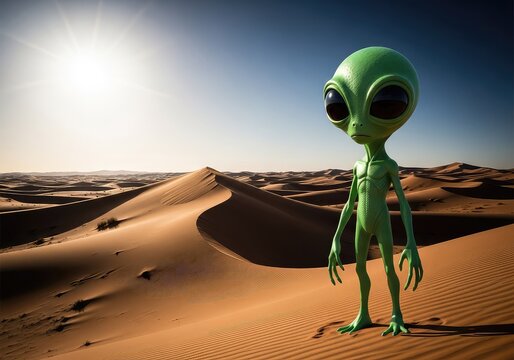 A green extraterrestrial creature with large eyes stands alone in a vast arid desert under a bright sun, surrounded by shifting sand dunes, heatwave, landscape, sun