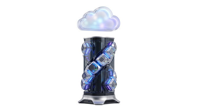 Futuristic cloud computing server tower, glowing blue data storage hardware, high-tech network infrastructure on white background
