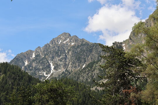 Pico gran&iacute;tico destacando sobre bosque de pinos bajo cielo azul, Parque Nacional de Aig&uuml;estortes, Pirineos.