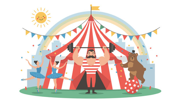 Spectacular circus show under a striped tent featuring strongman lifting barbell ballerinas and a smart bear.