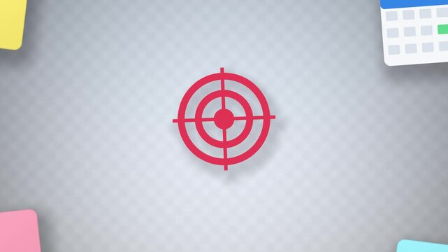 Red target icon surrounded by sticky notes and calendar, seamless loop