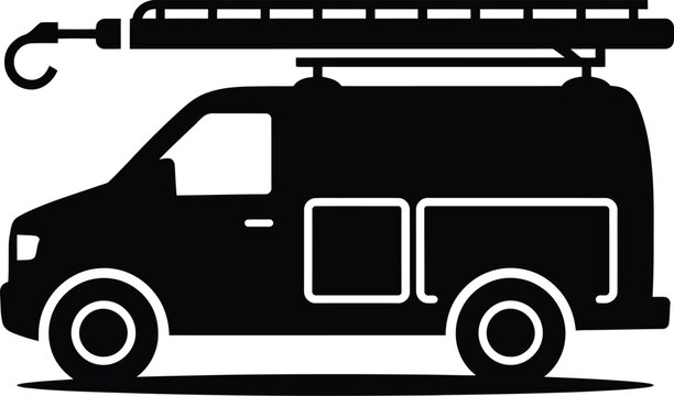 Van with roof rack and ladder, silhouette for transport and travel, black and white vector.