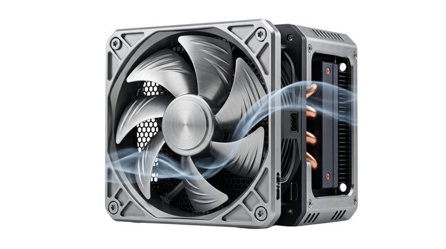Industrial silver computer fan with airflow trails. High-performance metal CPU cooler. Modern PC hardware cooling system.