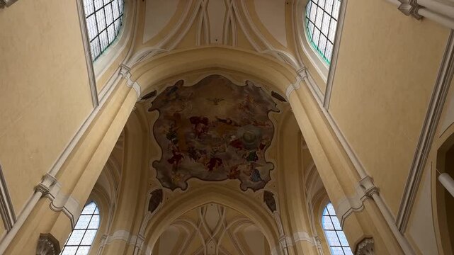 Assumption Cathedral Sedlec Kutna Hora Czechia interior has Gothic UNESCO heritage for tourism, travel, excursion, architecture and history. Cathedral interior, Czech heritage, cultural tourism, arts.