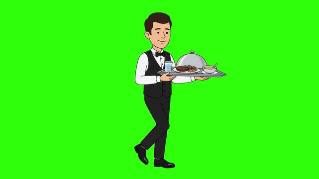 A handsome 2D animated waiter in a vest and bow tie walking while holding a serving tray with covered food and drinks, isolated on a green screen backdrop. Perfect for restaurant commercials, catering