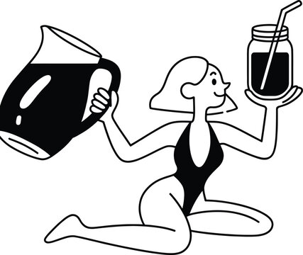 Woman in swimsuit holding pitcher and jar with drink, relaxing on beach, summer concept.
