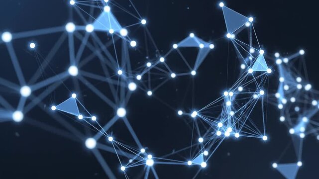 Abstract network nodes glowing with light moving in dark digital space representing connections and data flow
