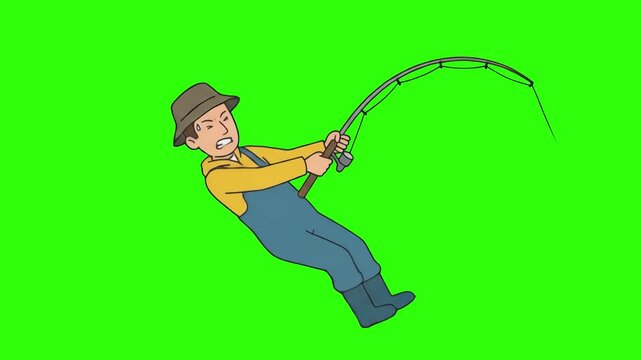 A 2D cartoon fisherman in a hat and overalls pulling hard on a bent fishing rod while catching a big fish, isolated against a bright chroma key green screen background. Ideal for fishing content, outd